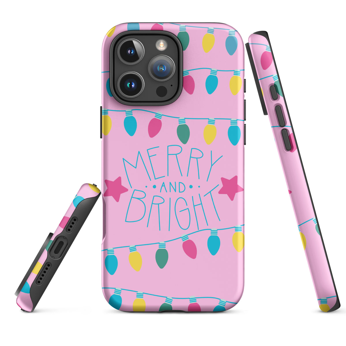 Phone Case for iPhone with Merry and Bright holiday lights design, featuring colorful bulbs and whimsical stars on a pink background.
