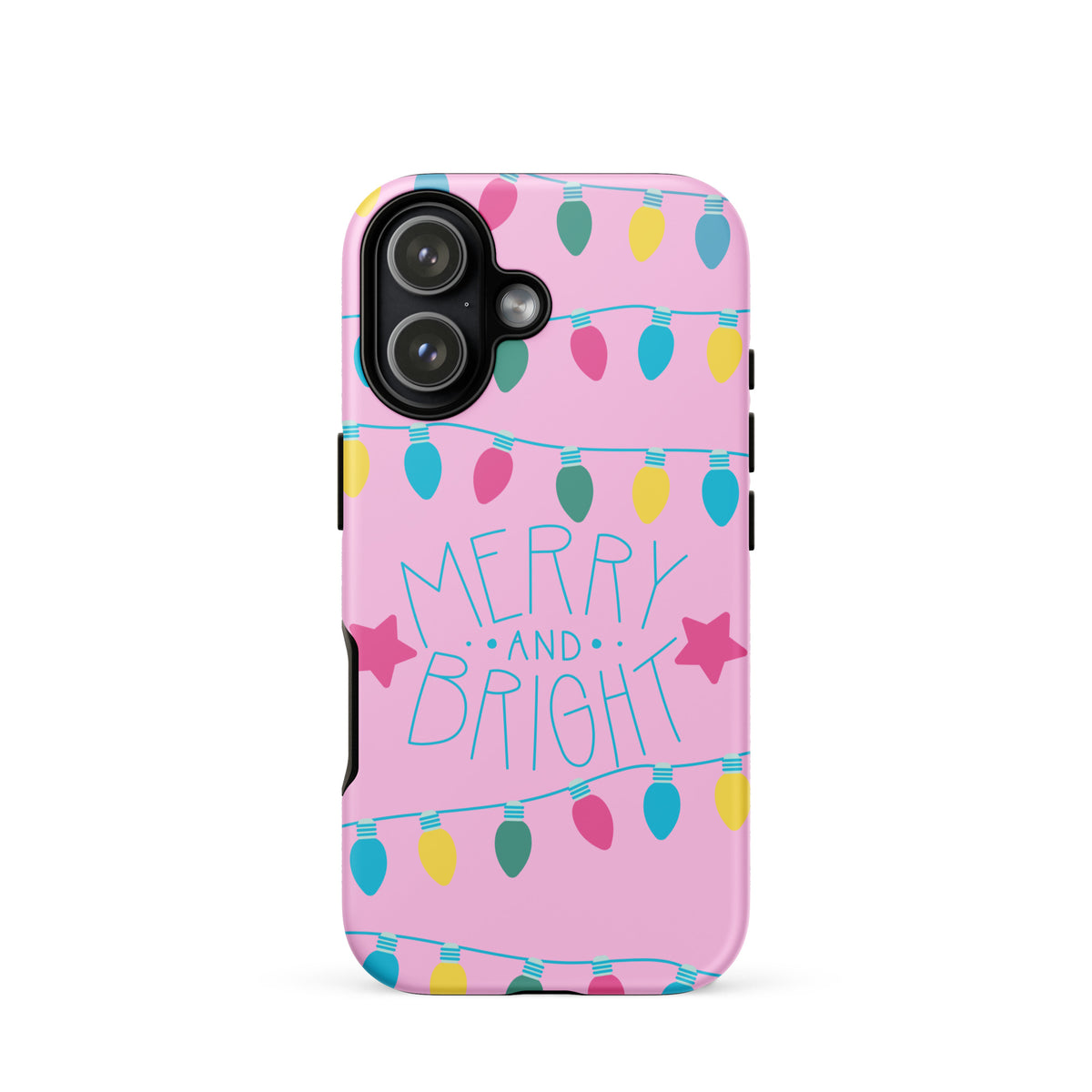 Phone Case for iPhone with Merry and Bright holiday lights design in pink and colorful bulbs.