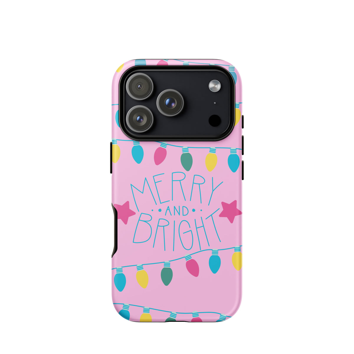 Phone Case for iPhone with festive holiday lights and 'Merry and Bright' text on a bright pink background.