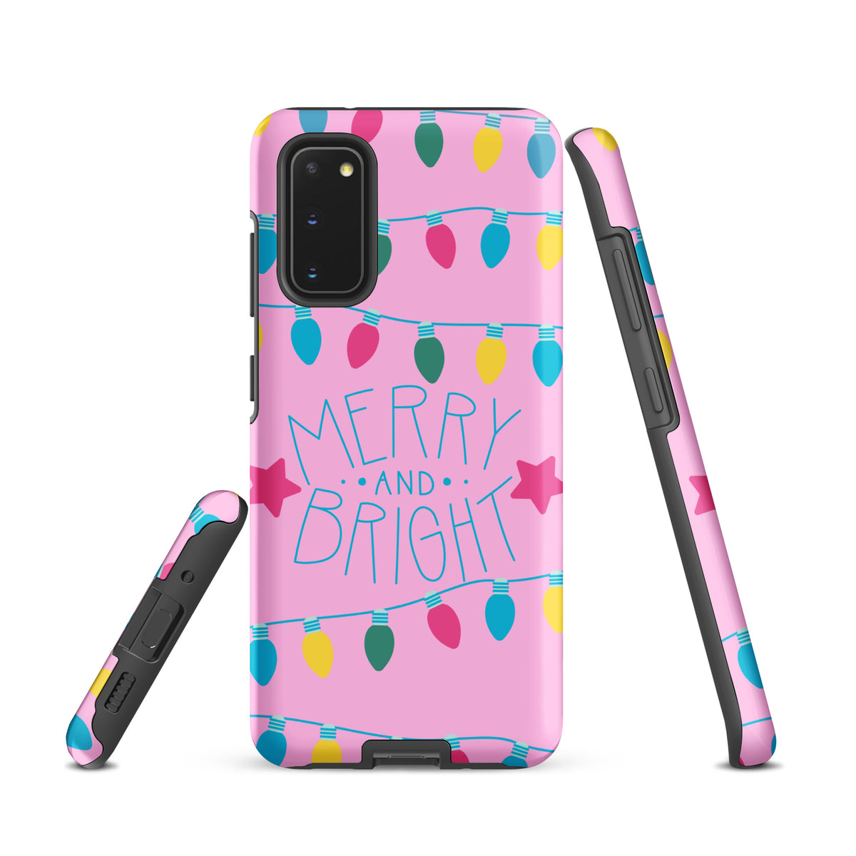 Phone Case for Samsung Galaxy with Merry and Bright holiday lights design on pink background, featuring colorful festive bulbs.