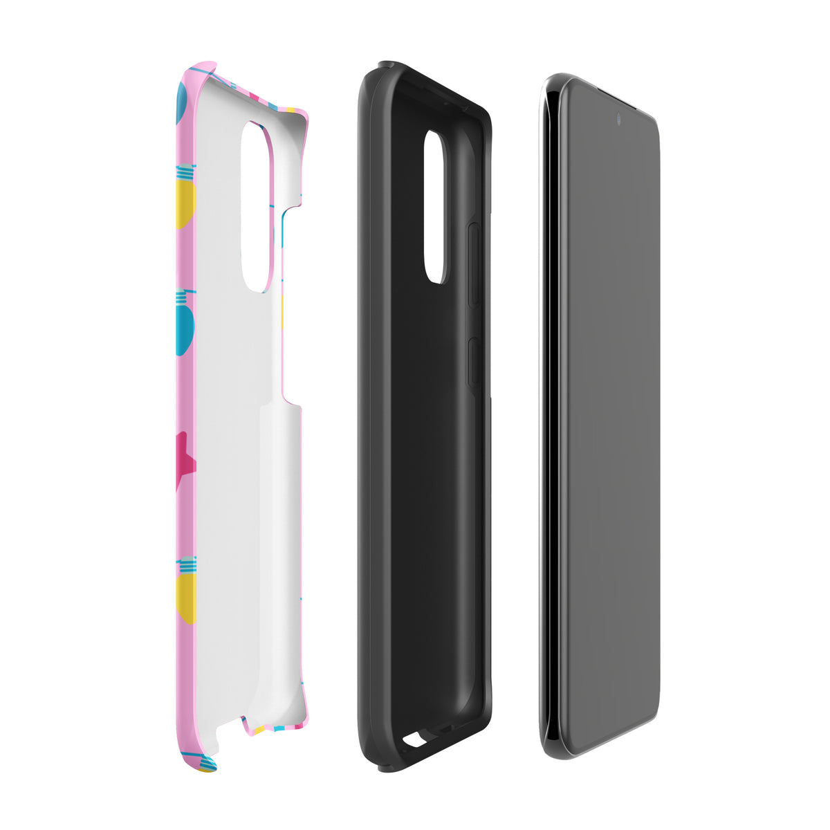 Phone Case for Samsung Galaxy with colorful holiday lights and stars on a pink background, featuring a cheerful 'Merry and Bright' message.