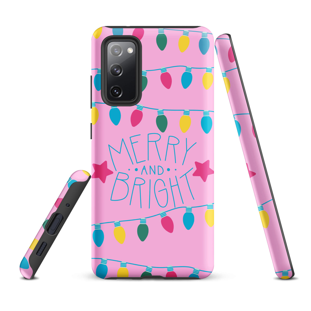 Phone Case for Samsung Galaxy with festive holiday lights and 'Merry and Bright' message on a pink background, colorful bulbs.