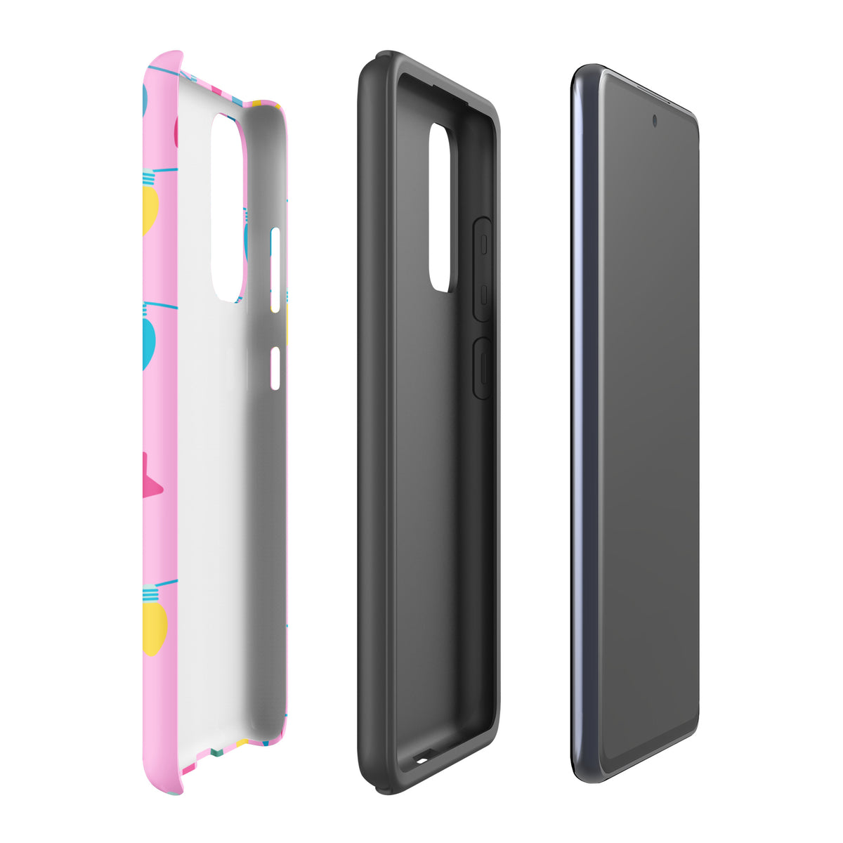 Phone Case for Samsung Galaxy with holiday lights design, featuring colorful bulbs and a pink background, adding festive cheer.