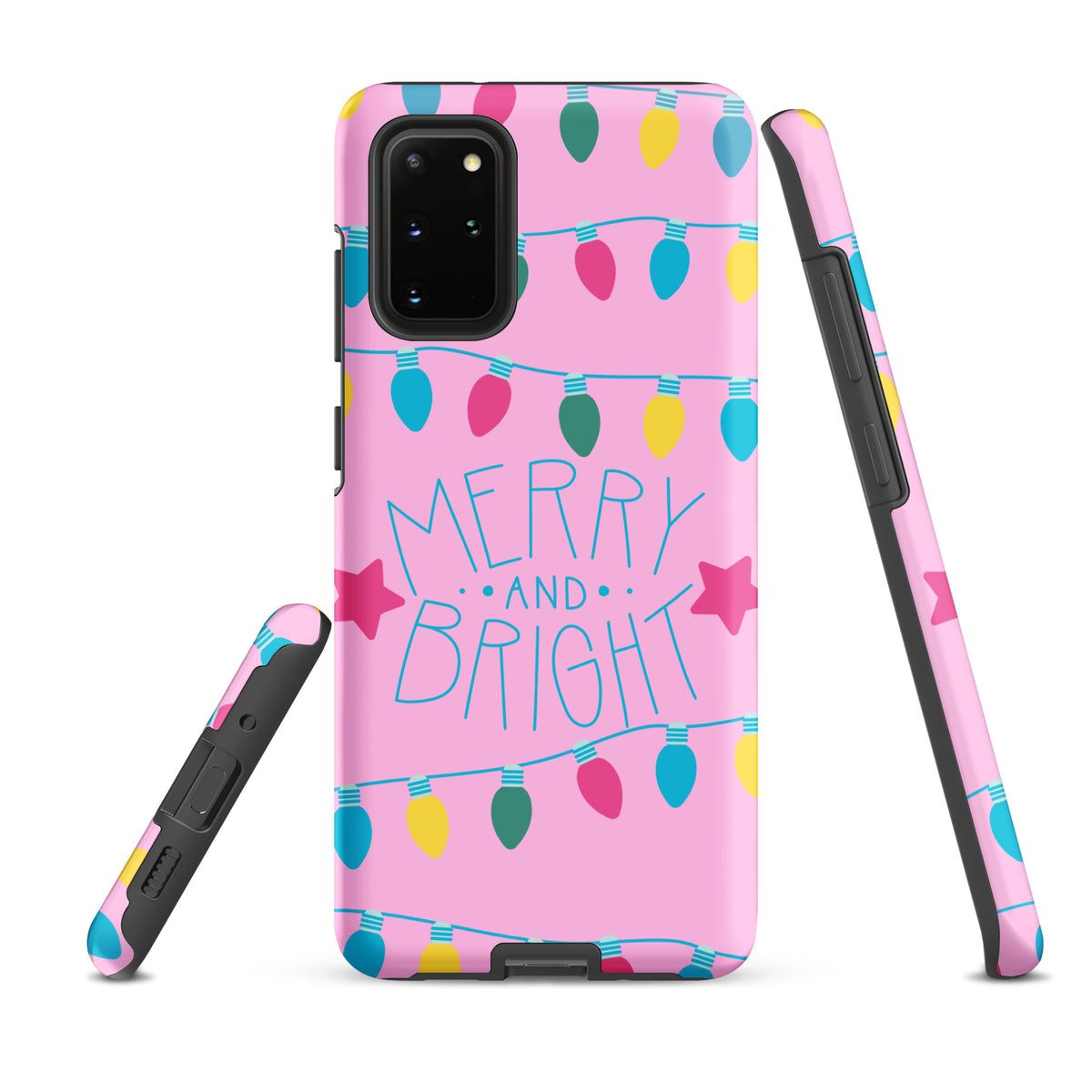 Phone Case for Samsung Galaxy with holiday lights design and 'Merry and Bright' message on pink background.