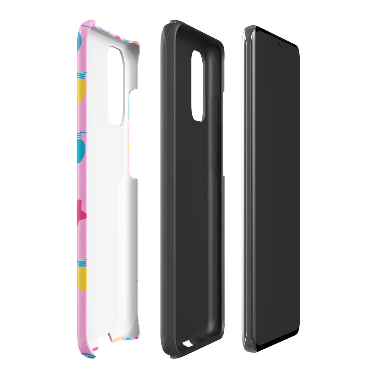 Phone Case for Samsung Galaxy featuring Merry and Bright holiday lights design with colorful bulbs and stars on a pink background.