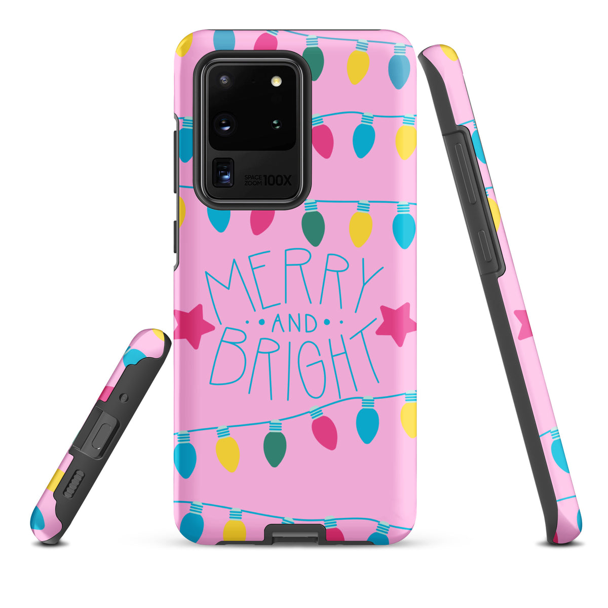 Phone Case for Samsung Galaxy with 'Merry and Bright' holiday lights design, featuring colorful bulbs and a whimsical message on a pink background.