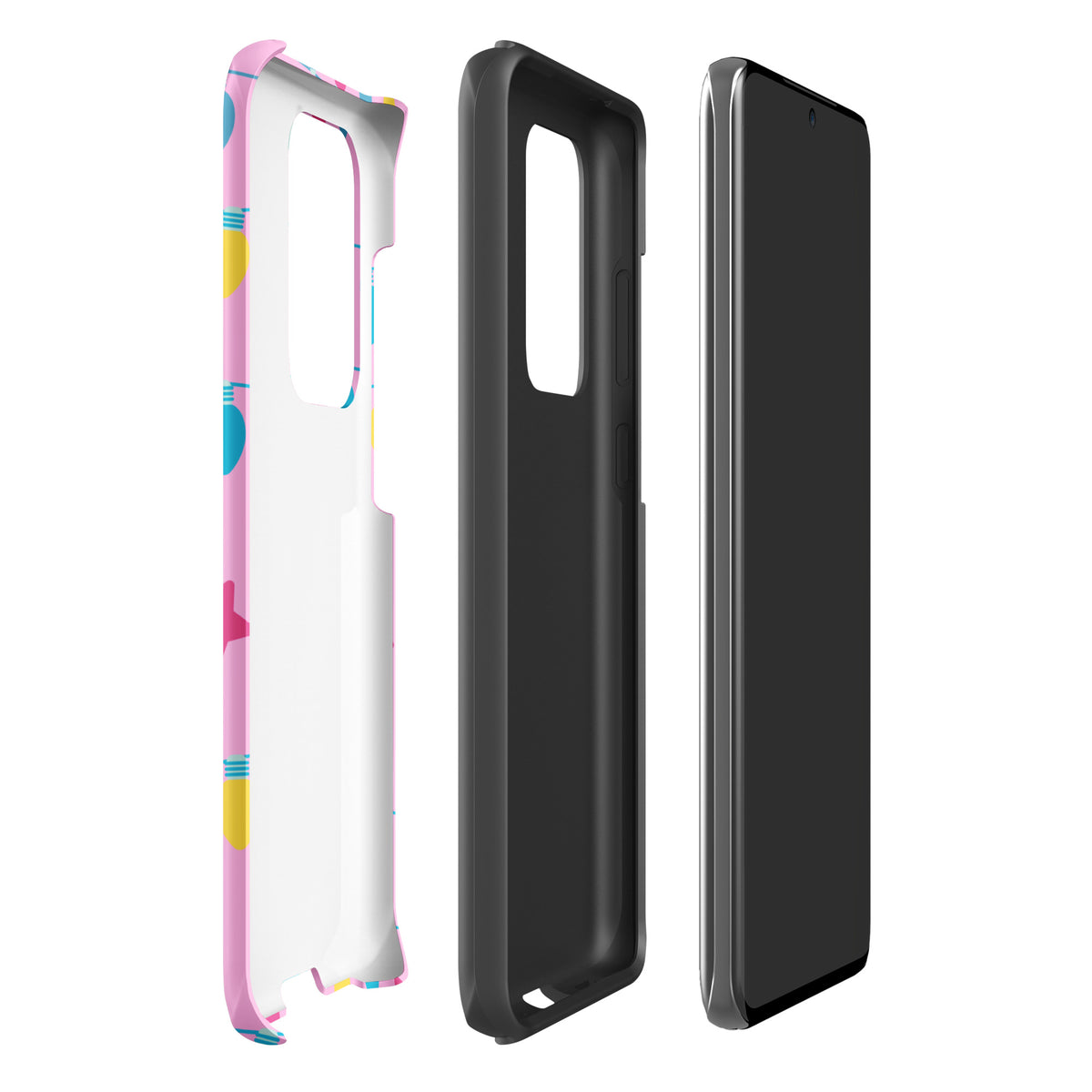 Phone Case for Samsung Galaxy with festive holiday lights, pink background, and whimsical 'Merry and Bright' message design.