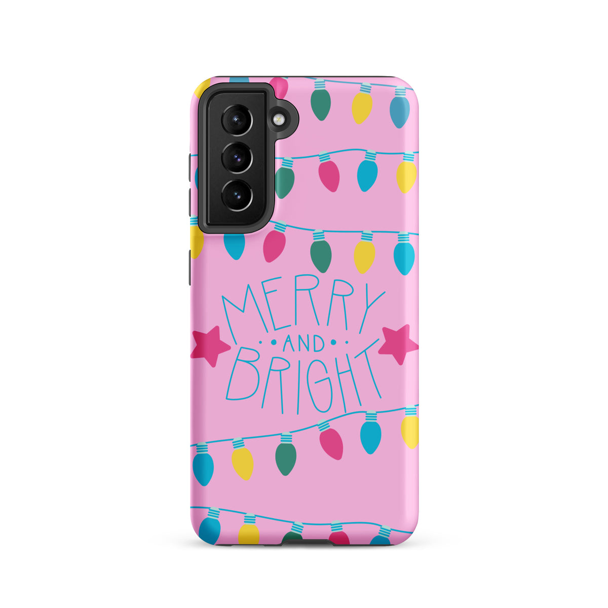 Phone Case for Samsung Galaxy with holiday lights, stars, pink background, "Merry and Bright" text, festive turquoise, yellow, pink bulbs.