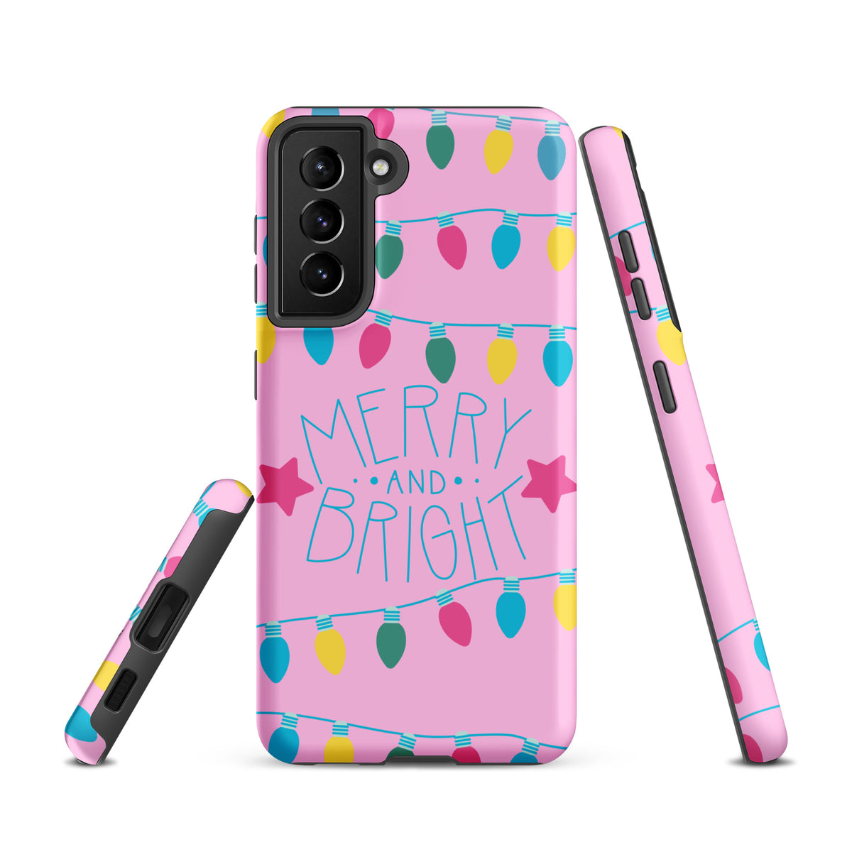 Phone Case for Samsung Galaxy with holiday lights and 'Merry and Bright' message on pink background, featuring stars and colorful bulbs.