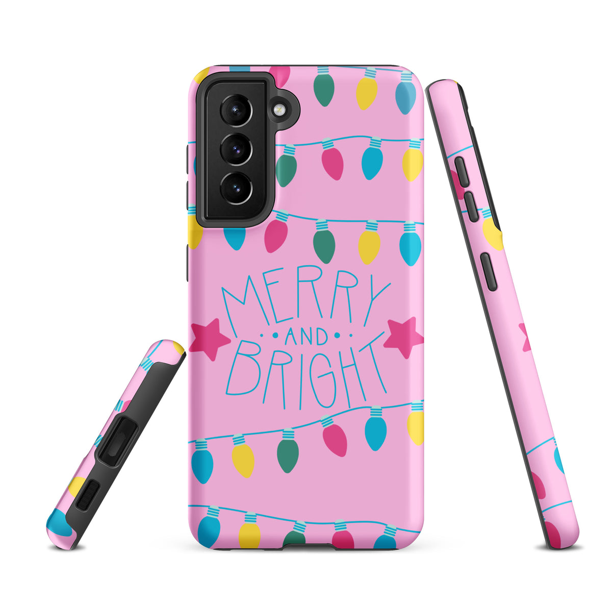 Phone Case for Samsung Galaxy with festive holiday lights and Merry and Bright message on pink background, colorful Christmas design.