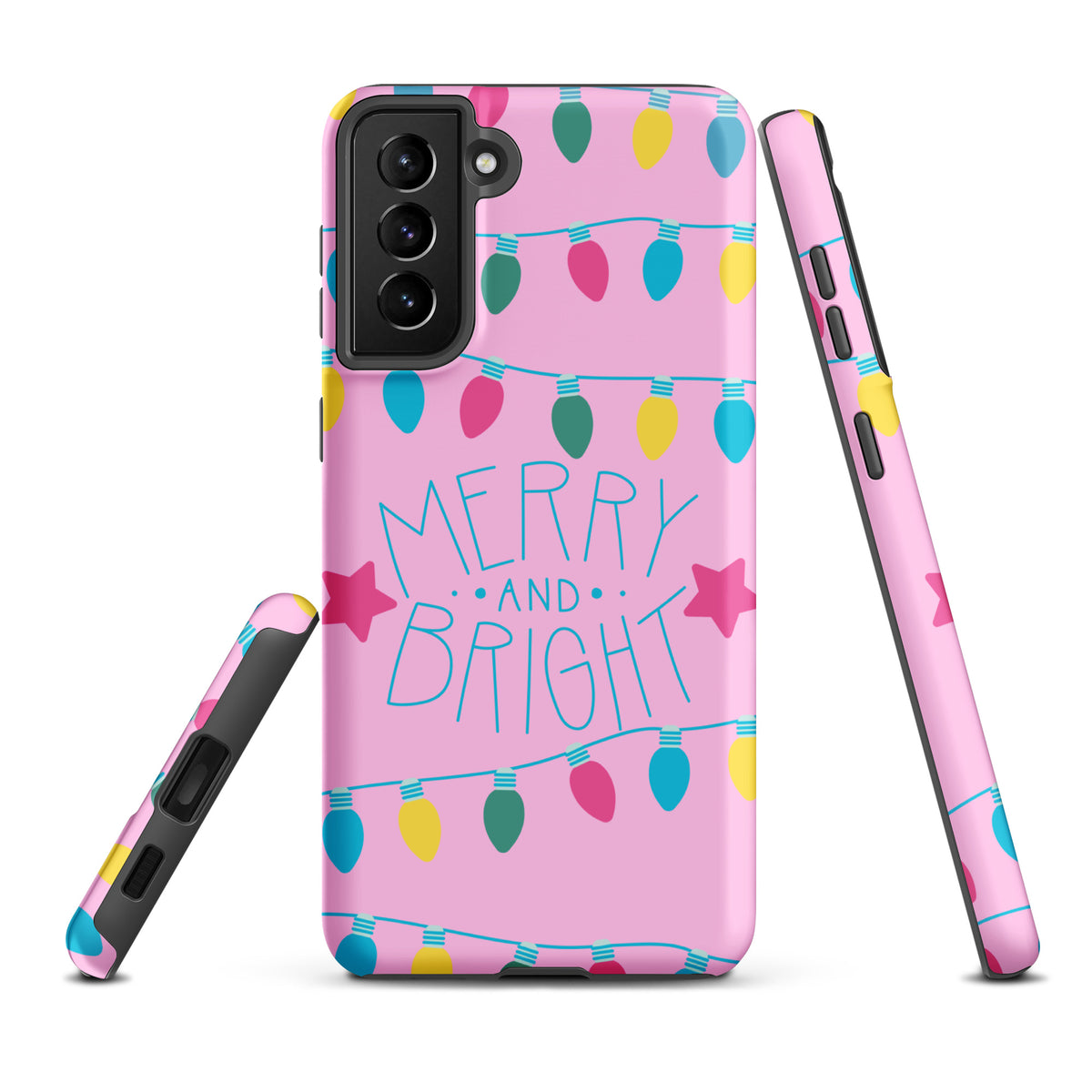 Phone Case for Samsung Galaxy with Merry and Bright design featuring colorful holiday lights and stars on a pink background.