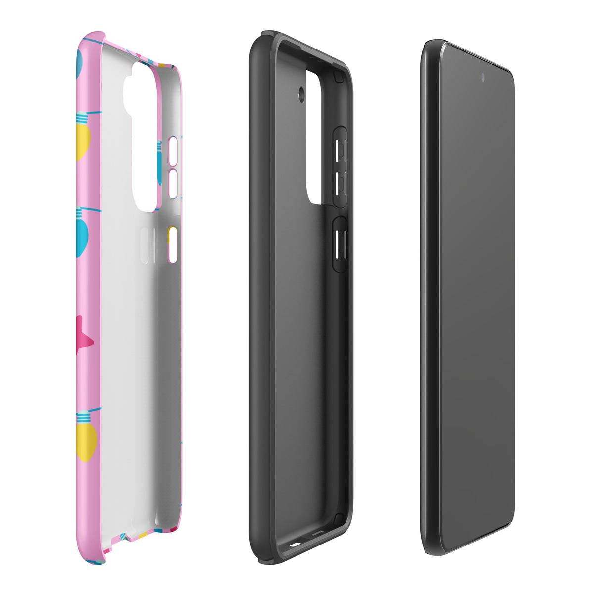 Phone Case for Samsung Galaxy with festive holiday lights and playful stars on a bright pink background.