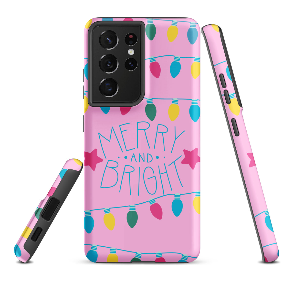 Phone Case for Samsung Galaxy with Merry and Bright holiday lights design on pink background.