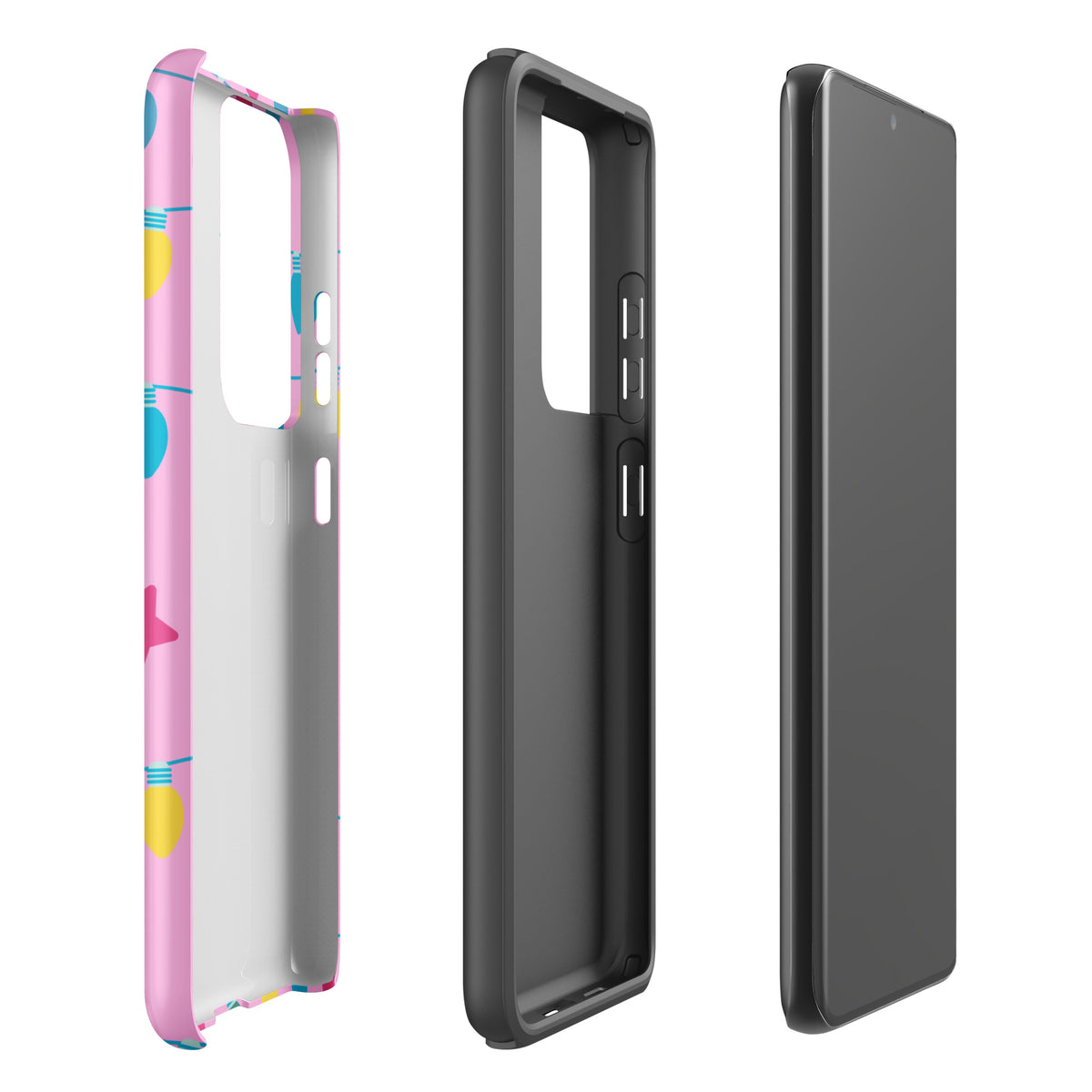 Phone Case for Samsung Galaxy with festive holiday lights and stars on a bright pink background.