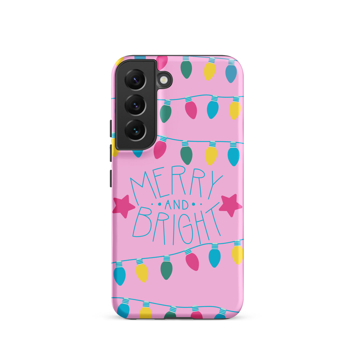Phone Case for Samsung Galaxy with pink background and "Merry and Bright" message, featuring colorful holiday lights and stars.