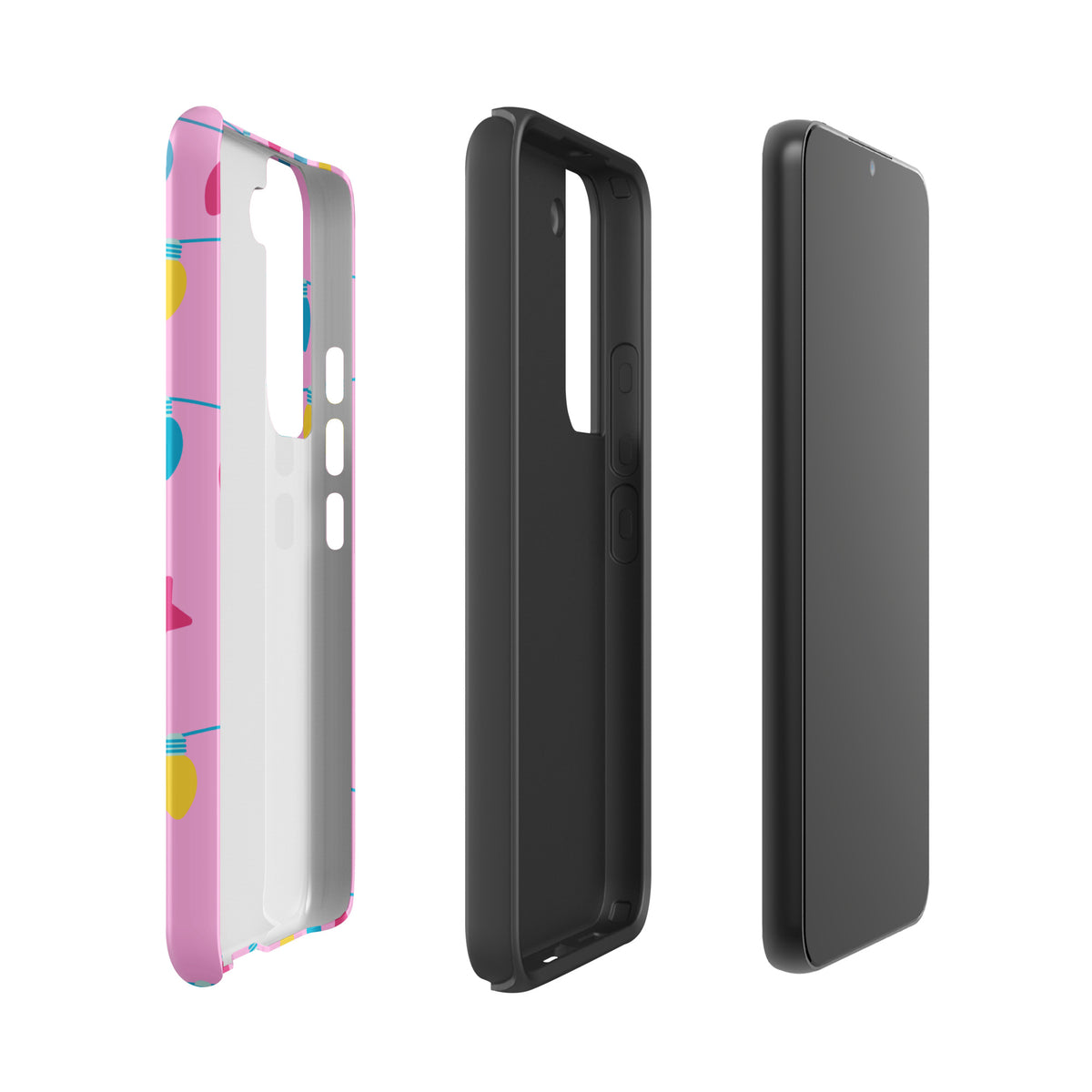 Phone Case for Samsung Galaxy with colorful holiday lights design and Merry and Bright message on a pink background.