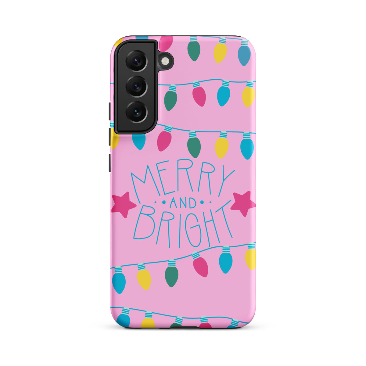 Phone Case for Samsung Galaxy featuring a pink holiday design with colorful lights and 'Merry and Bright' message