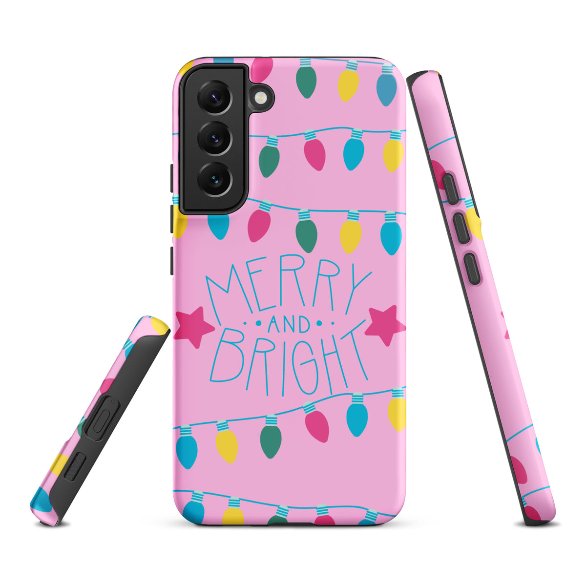 Phone Case for Samsung Galaxy with holiday lights design and Merry and Bright message on pink background