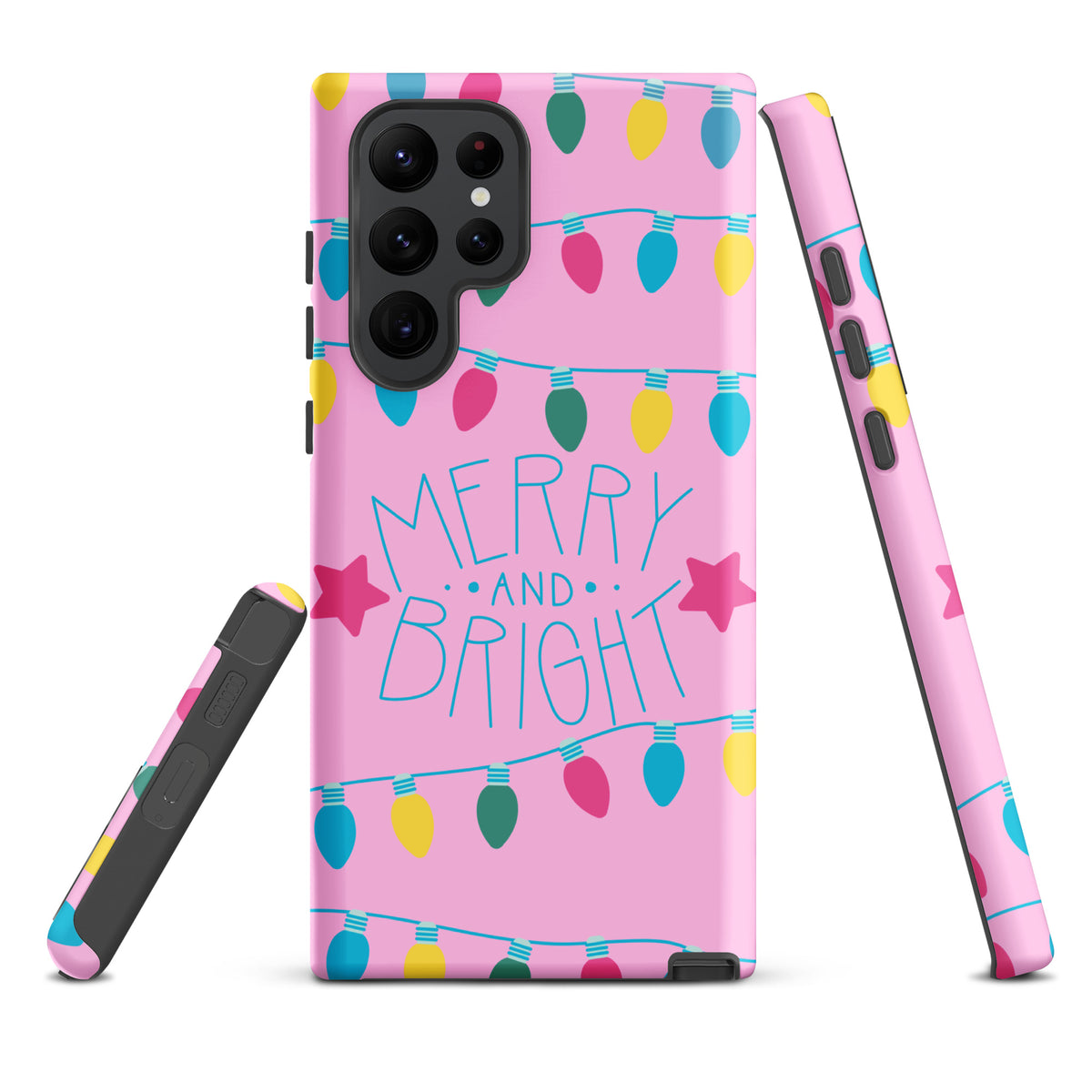 Phone Case for Samsung Galaxy with festive holiday lights and Merry and Bright design on a bright pink background