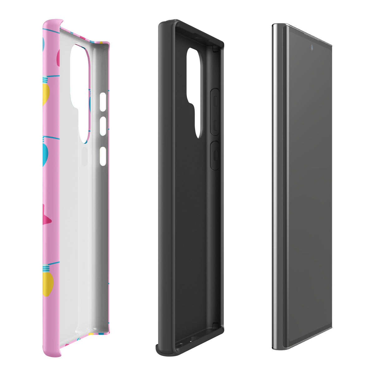 Phone Case for Samsung Galaxy with colorful holiday lights and stars on pink background, featuring "Merry and Bright" message.
