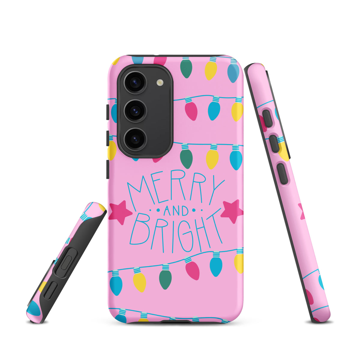 Phone Case for Samsung Galaxy with Merry and Bright design, pink background and colorful holiday lights.