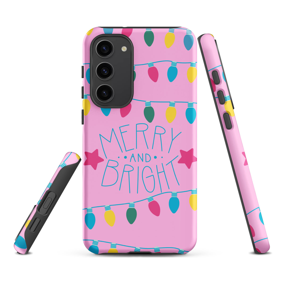 Phone Case for Samsung Galaxy with holiday lights and 'Merry and Bright' design on pink background.