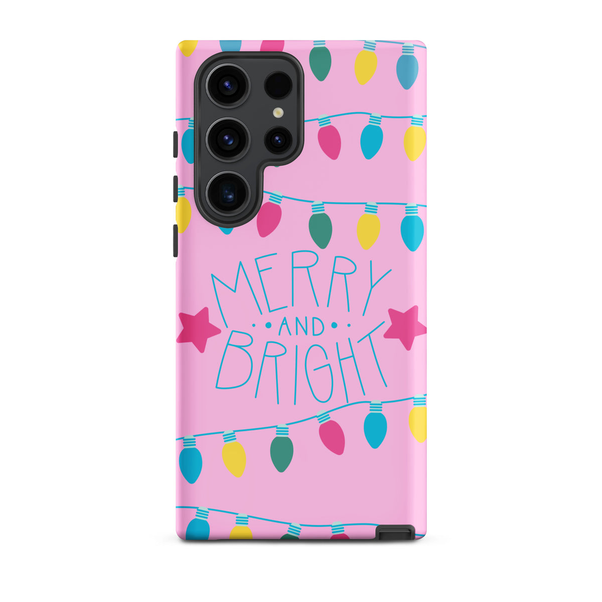 Phone Case for Samsung Galaxy with Merry and Bright holiday lights design, featuring colorful bulbs and stars on a pink background.