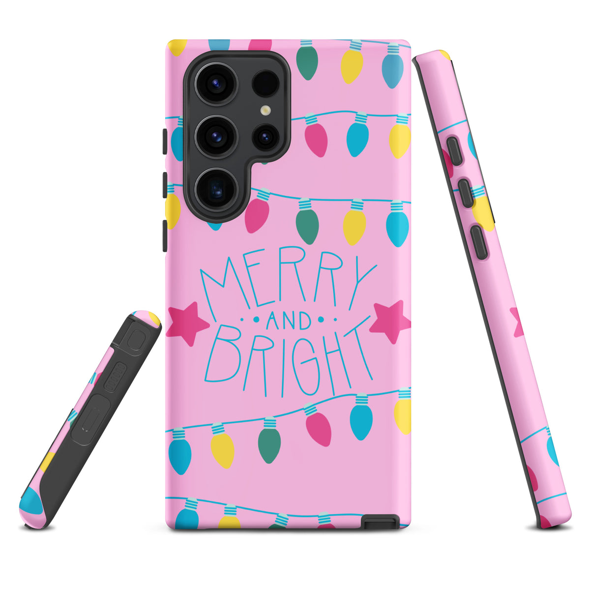 Phone Case for Samsung Galaxy with Merry and Bright lights and pink background, featuring festive colors and playful stars.