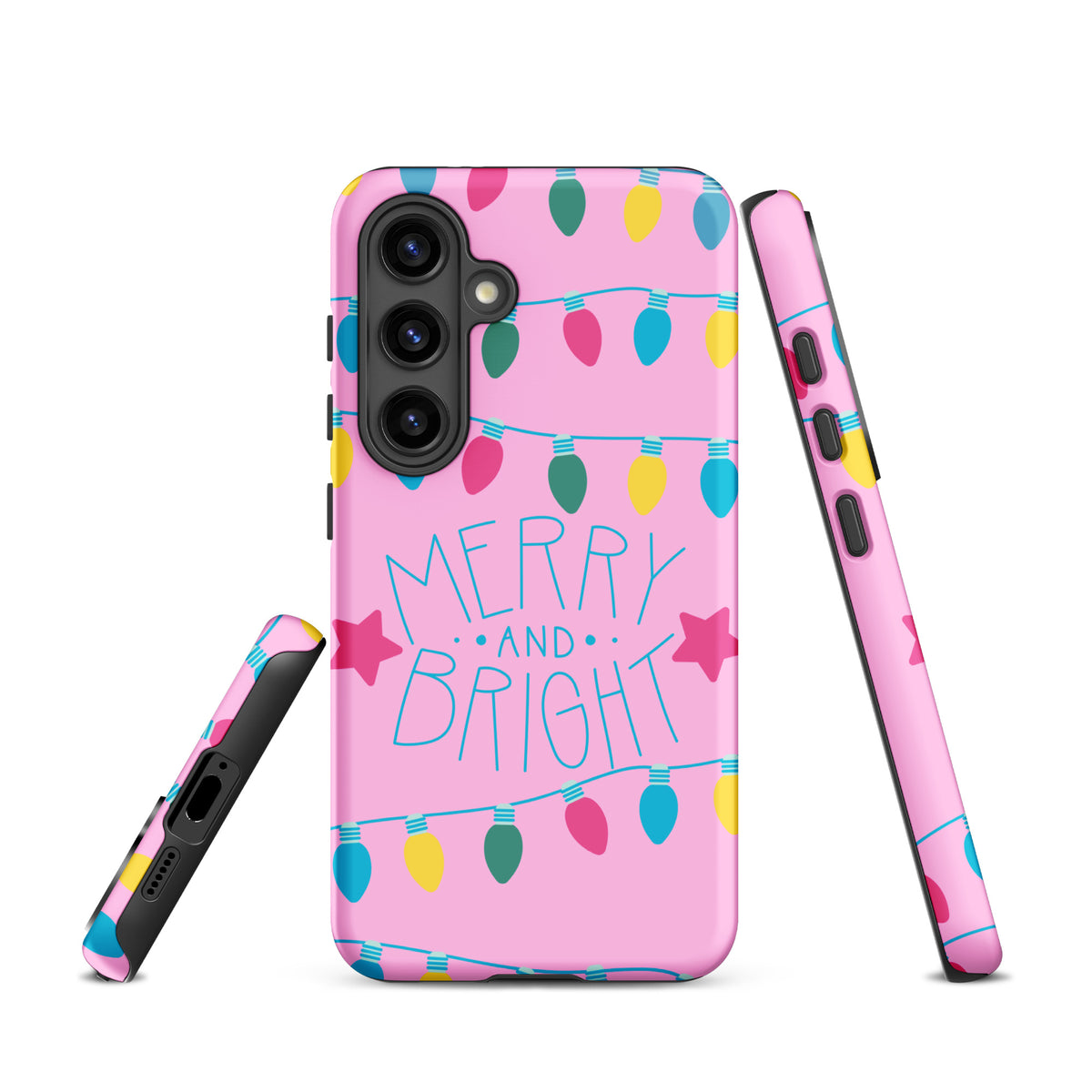 Phone Case for Samsung Galaxy with "Merry and Bright" holiday lights design, pink background, festive colors, and playful stars.
