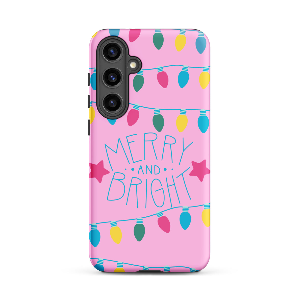 Festive Phone Case for Samsung Galaxy with merry and bright lights on pink background, featuring colorful holiday bulbs and stars.