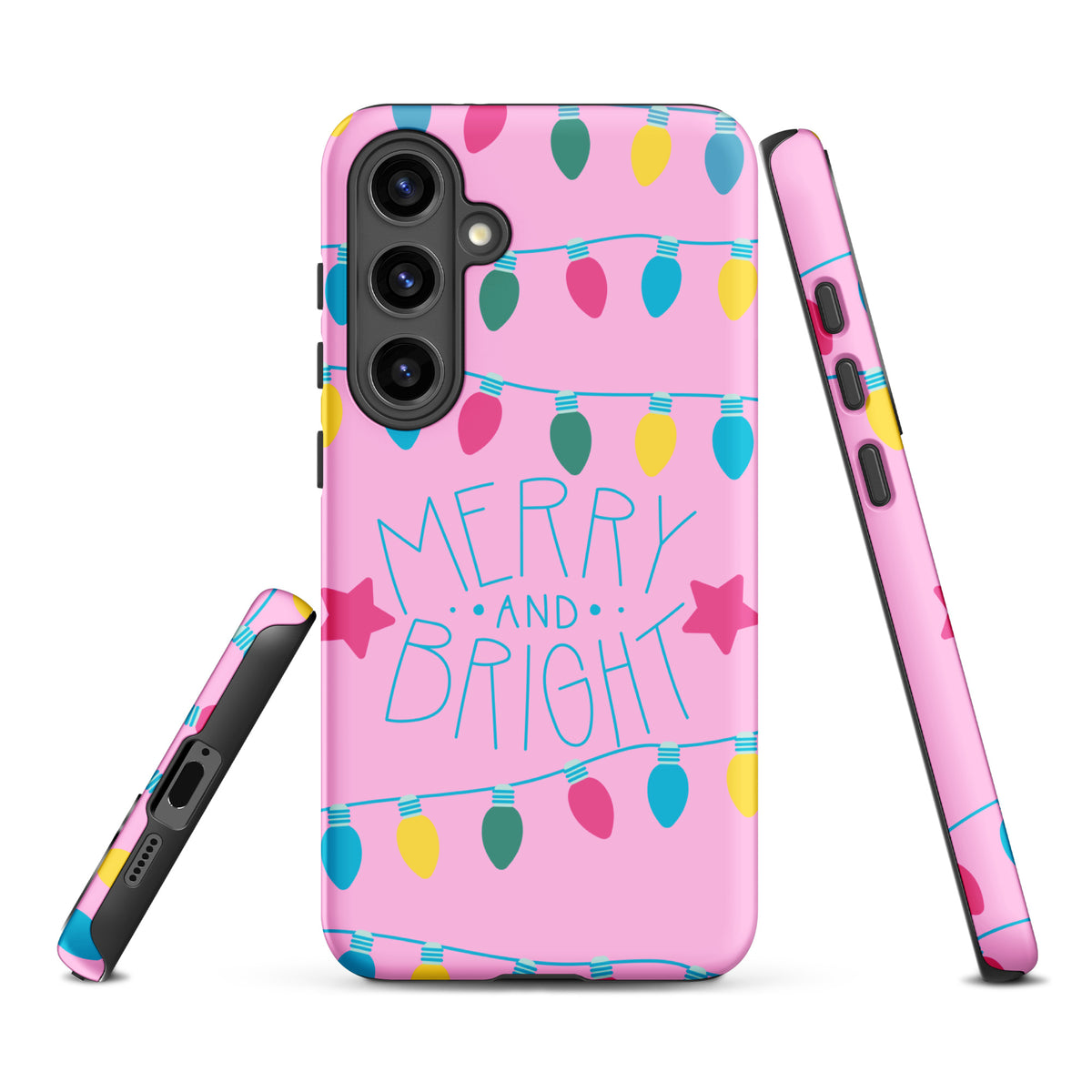 Phone Case for Samsung Galaxy with merry and bright holiday lights, featuring pink background, stars, and colorful bulbs.