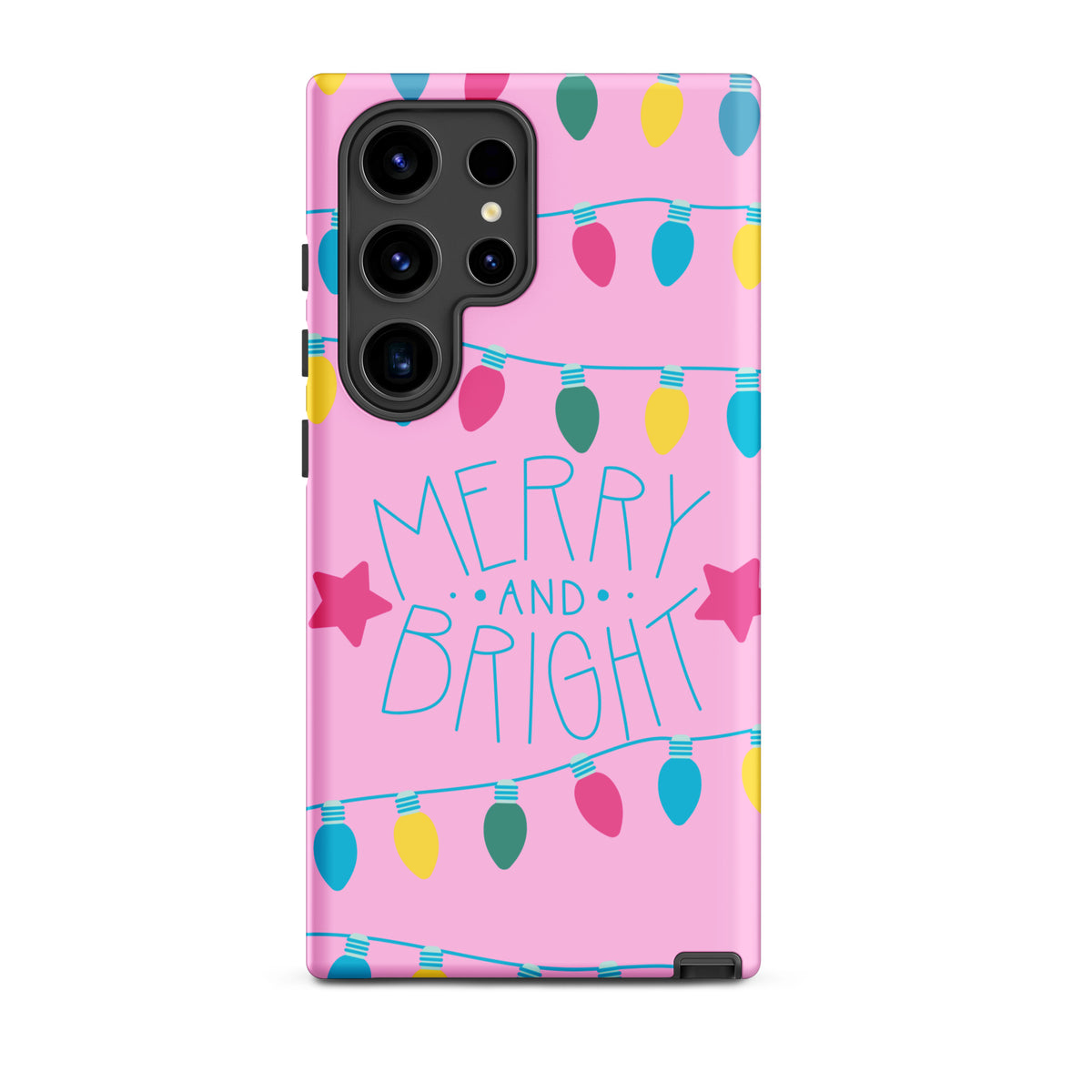 Phone Case for Samsung Galaxy with festive lights and Merry and Bright message, pink background.