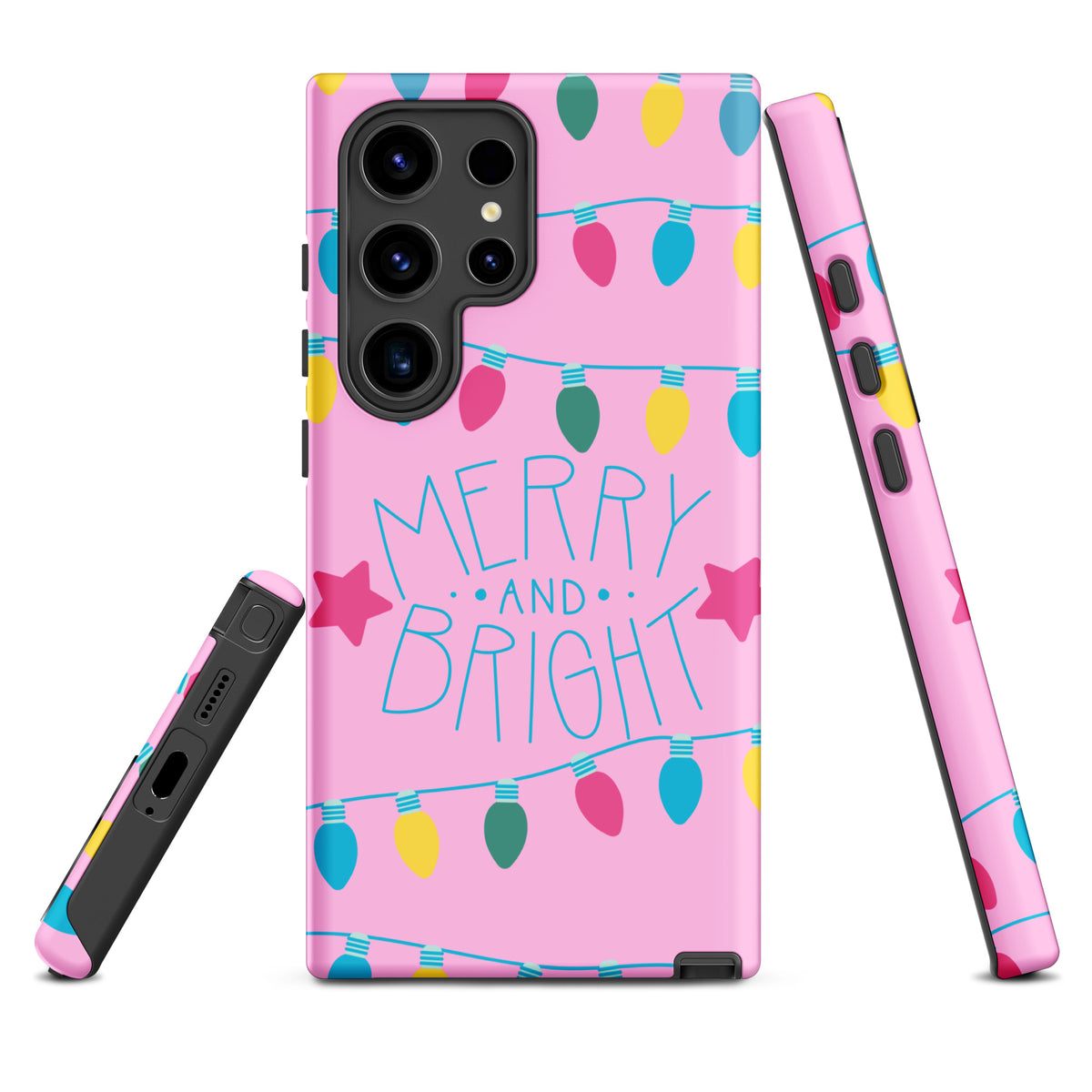Phone Case for Samsung Galaxy featuring Merry and Bright holiday lights with playful stars on a bright pink background.