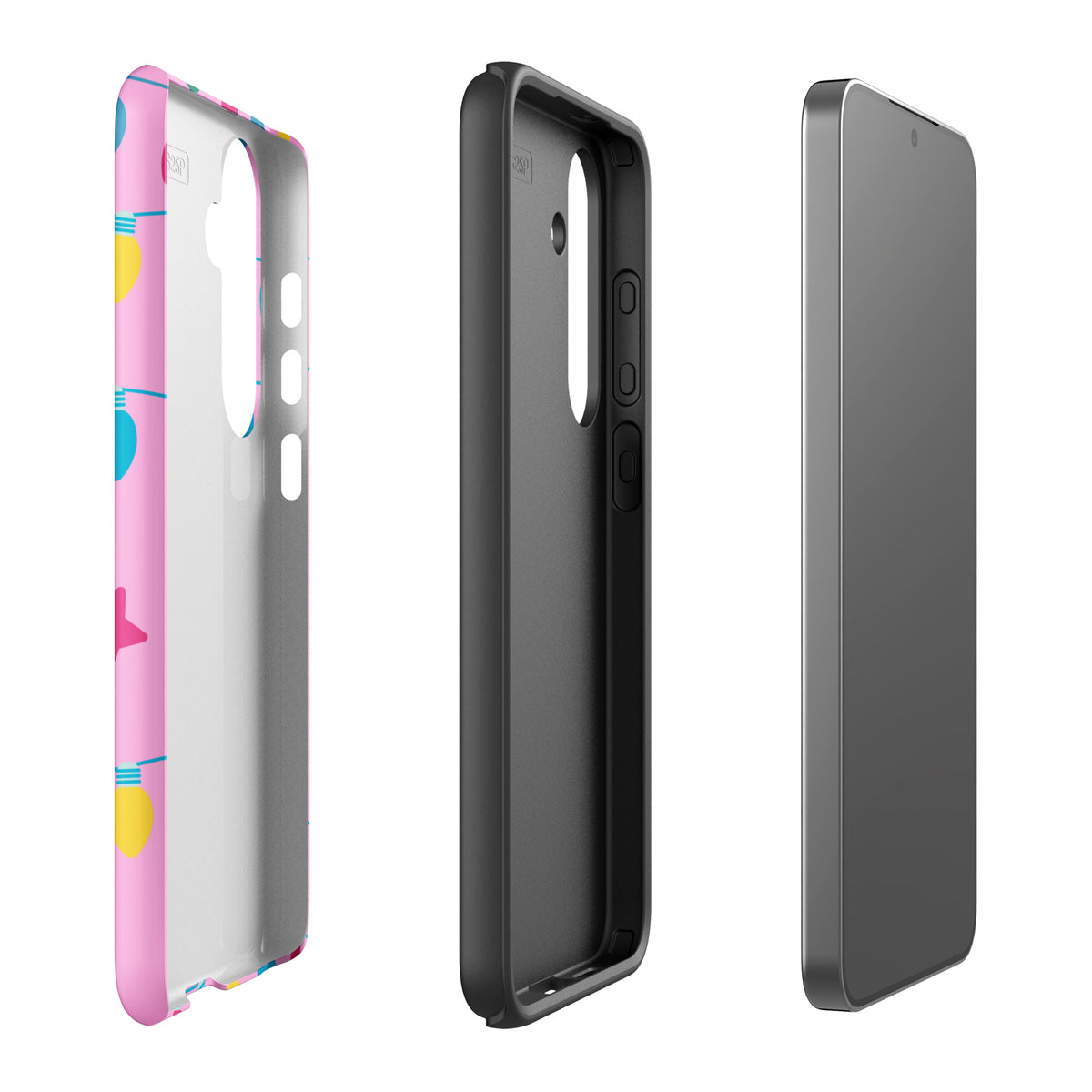 Phone Case for Samsung Galaxy with holiday lights and stars on pink background, features "Merry and Bright" message, festive and cheerful design