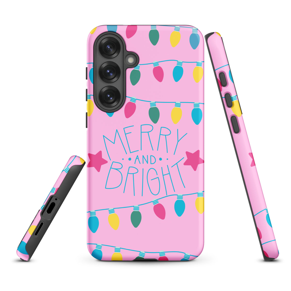 Phone Case for Samsung Galaxy with 'Merry and Bright' holiday lights design on pink background featuring stars and colorful bulbs.