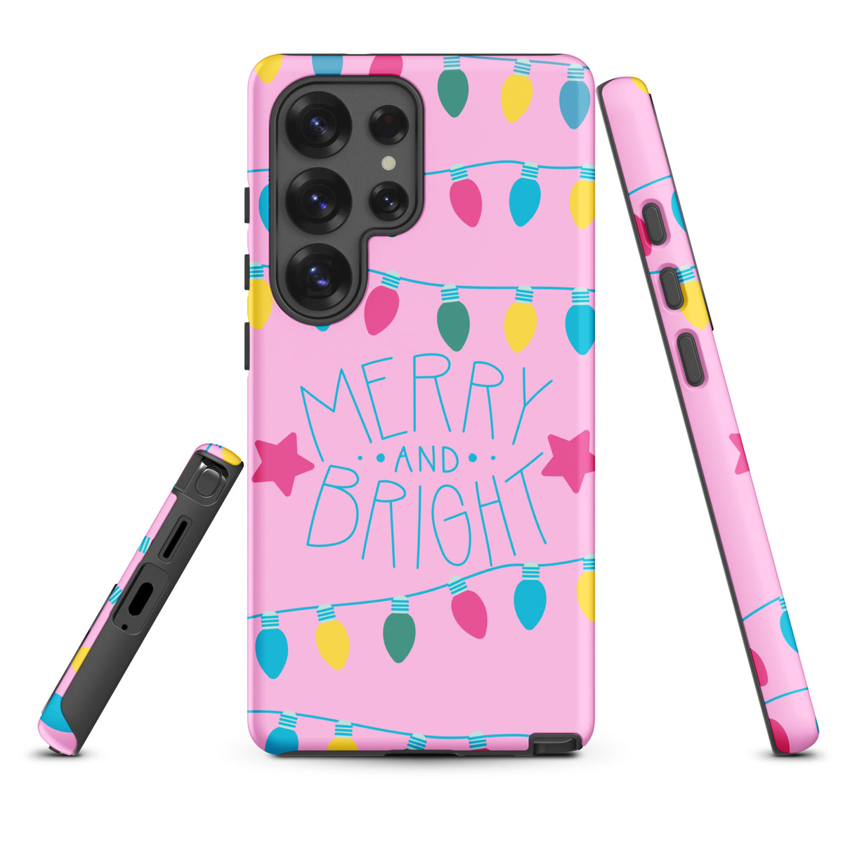 Phone Case for Samsung Galaxy featuring festive holiday lights, colorful bulbs, and Merry and Bright message on a pink background.