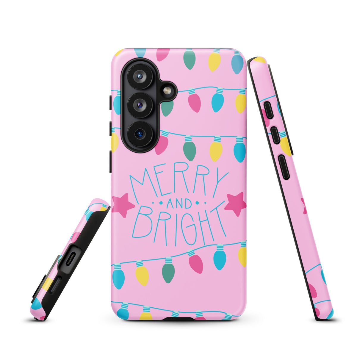 Merry and Bright Holiday Lights Phone Case for Samsung Galaxy with colorful bulbs and stars on a pink background showcasing festive charm.