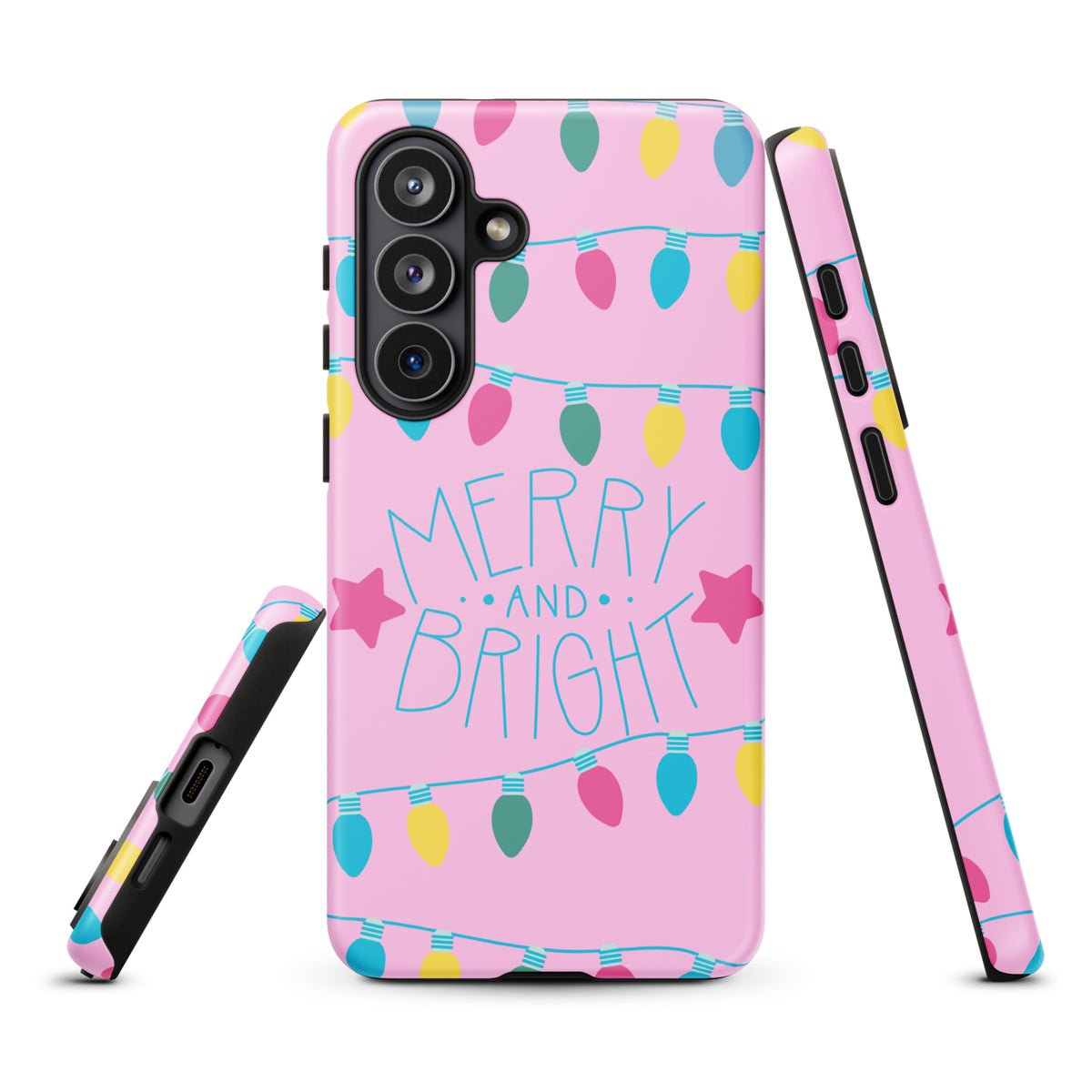 Phone Case for Samsung Galaxy with holiday lights design on pink background, featuring 'Merry and Bright' message.