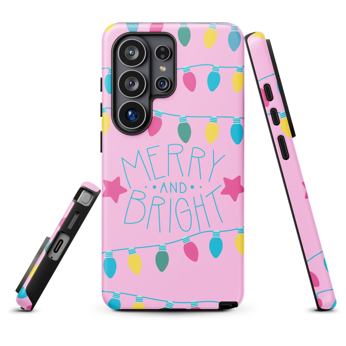 Phone Case for Samsung Galaxy with holiday lights, stars, and 'Merry and Bright' on a bright pink background.