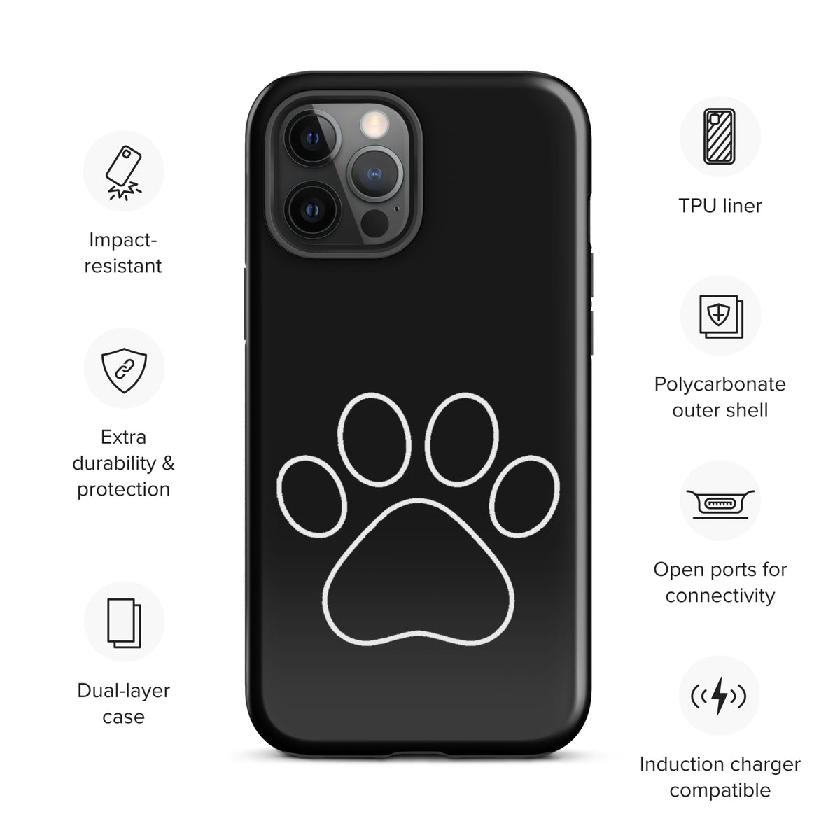 Phone Case for iPhone with black paw print design. Durable, sleek case for pet lovers. Compatible with induction chargers.