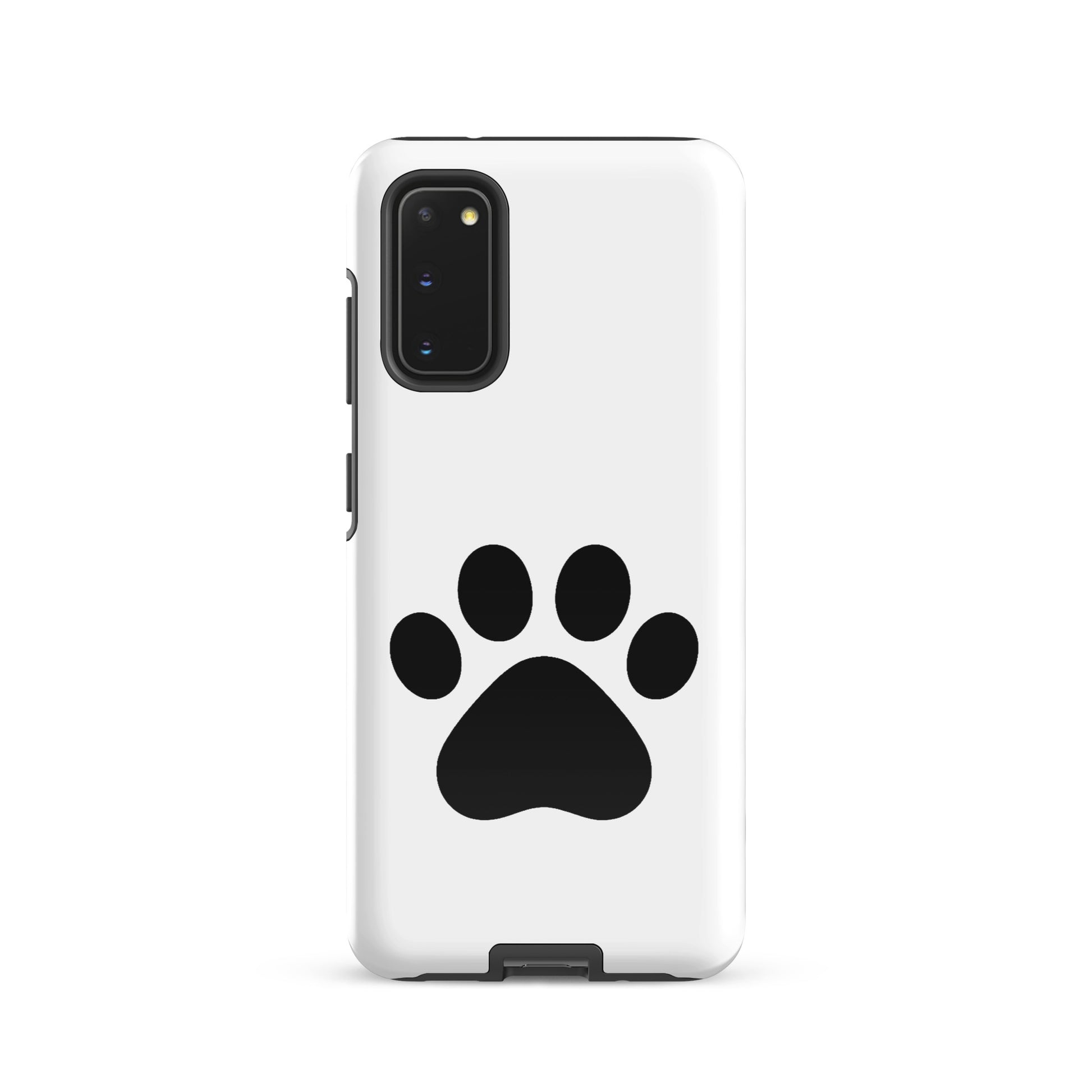 Phone Case for Samsung Galaxy with minimalist black paw print design, perfect for pet lovers. White and black durable case for cat and dog owners.