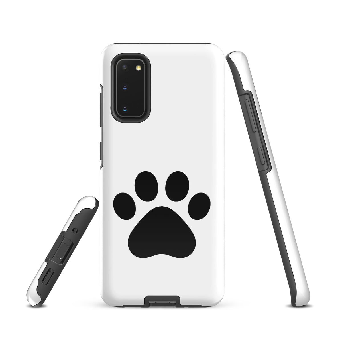 Phone Case for Samsung Galaxy with black paw print design, perfect for pet lovers, in white and black.