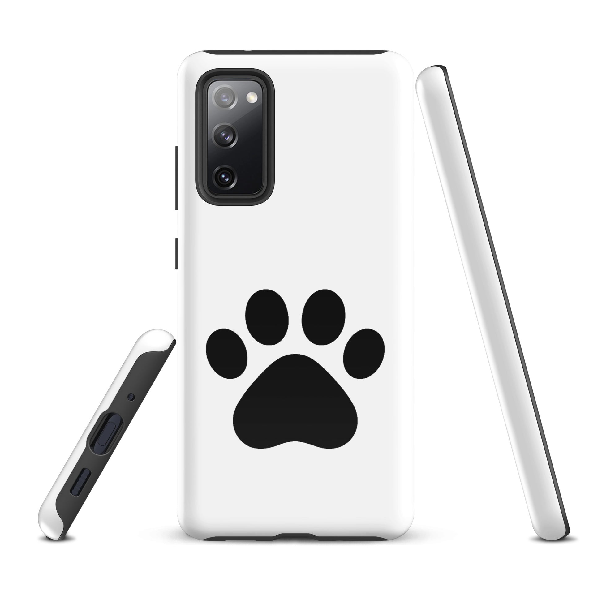Phone Case for Samsung Galaxy with paw print design in black on white, ideal for pet lovers, featuring cat and dog motifs for stylish protection.