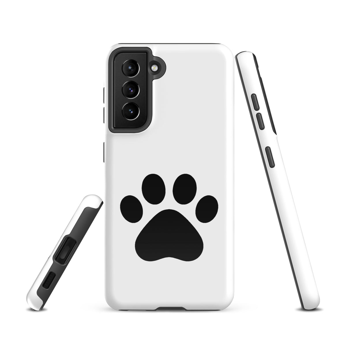 Phone Case for Samsung Galaxy with black paw print design, perfect for pet lovers, offering sleek protection for your device in white/black.