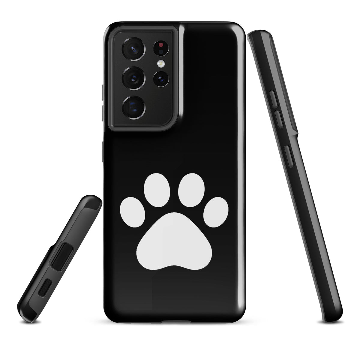 Phone Case for Samsung Galaxy with black and white paw print design for pet lovers, perfect for cat and dog parents, back and side views.