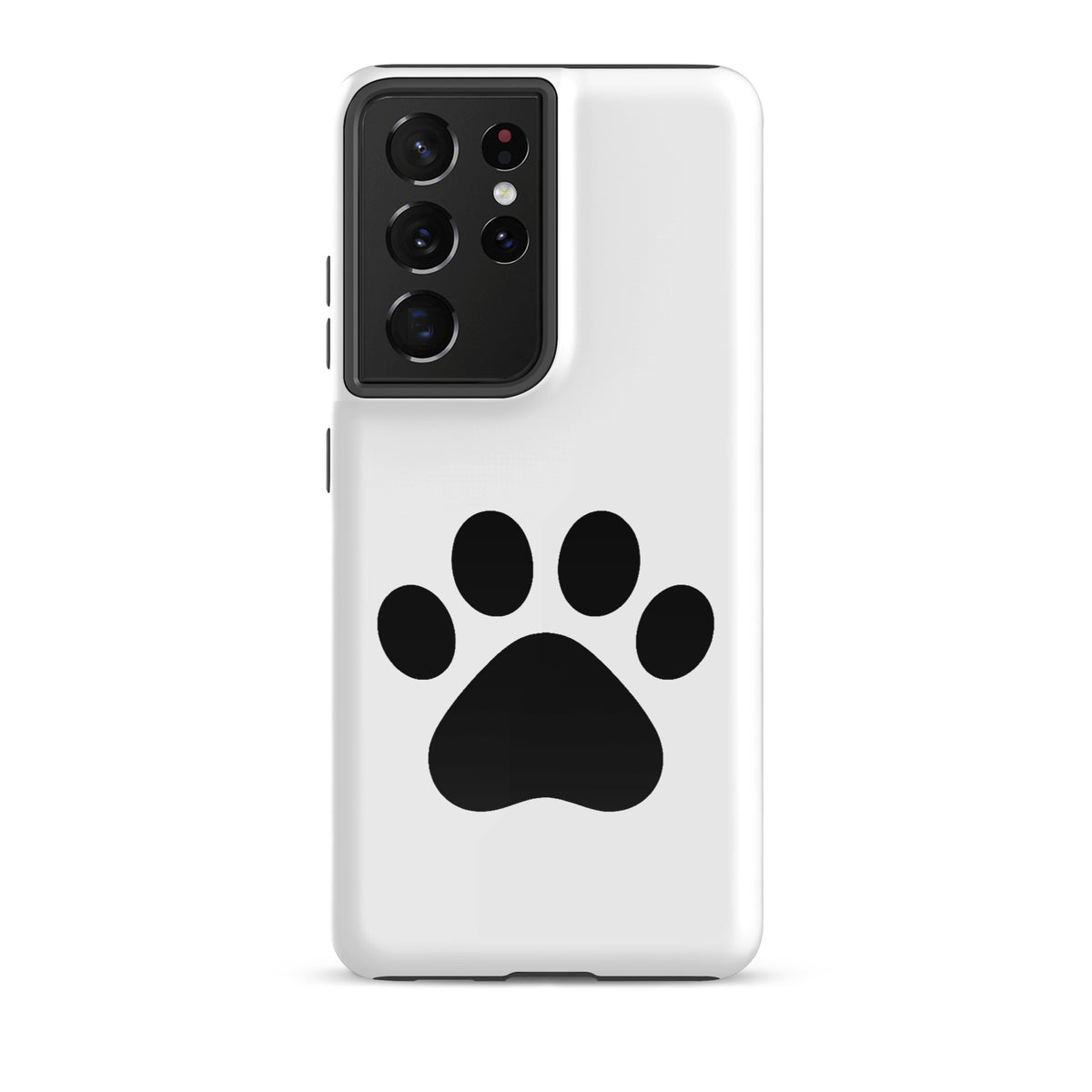 Phone Case for Samsung Galaxy: White case with black paw print design, perfect for pet lovers, cats, and dogs.
