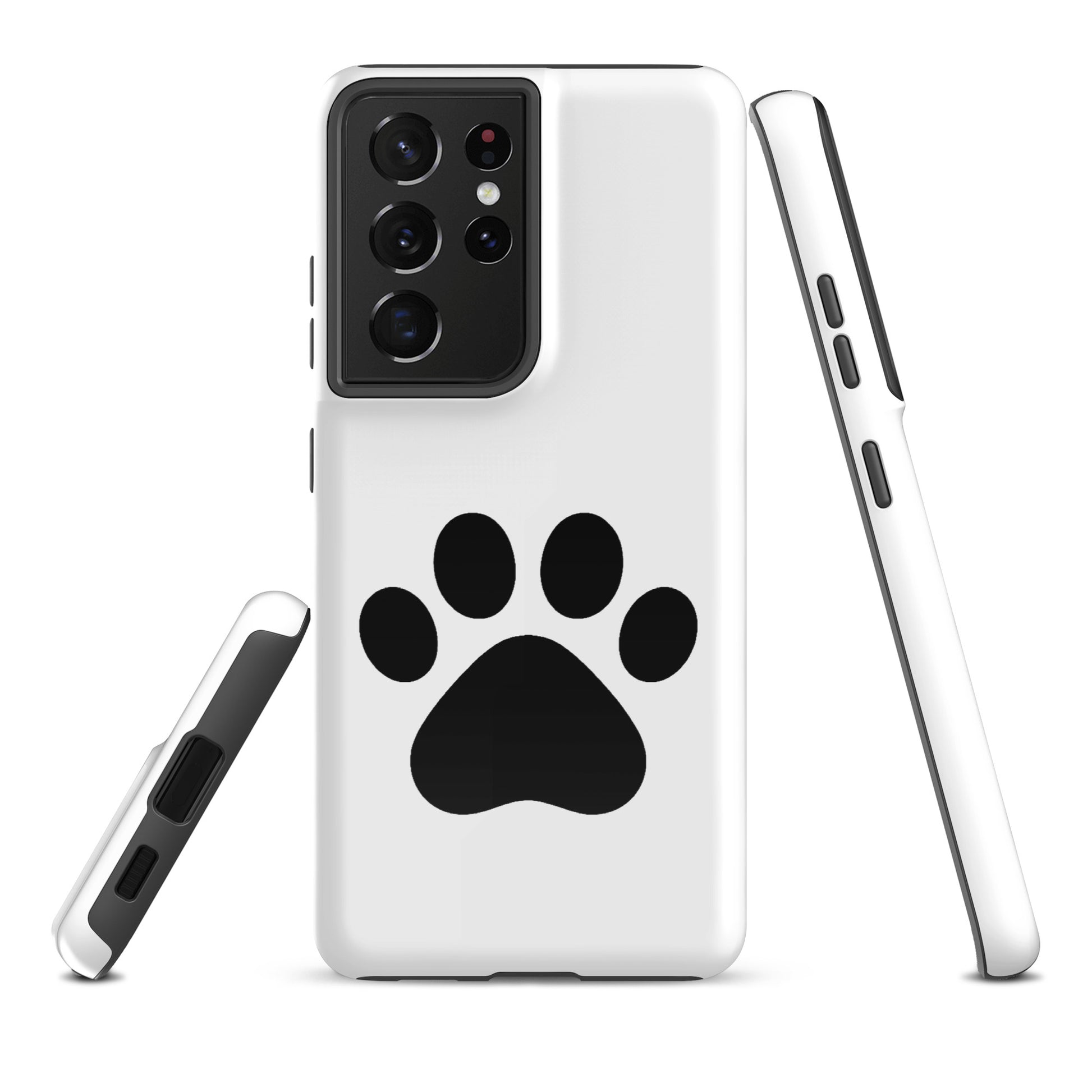 Phone Case for Samsung Galaxy with black paw print design, perfect for pet lovers seeking a minimalist style in white and black.