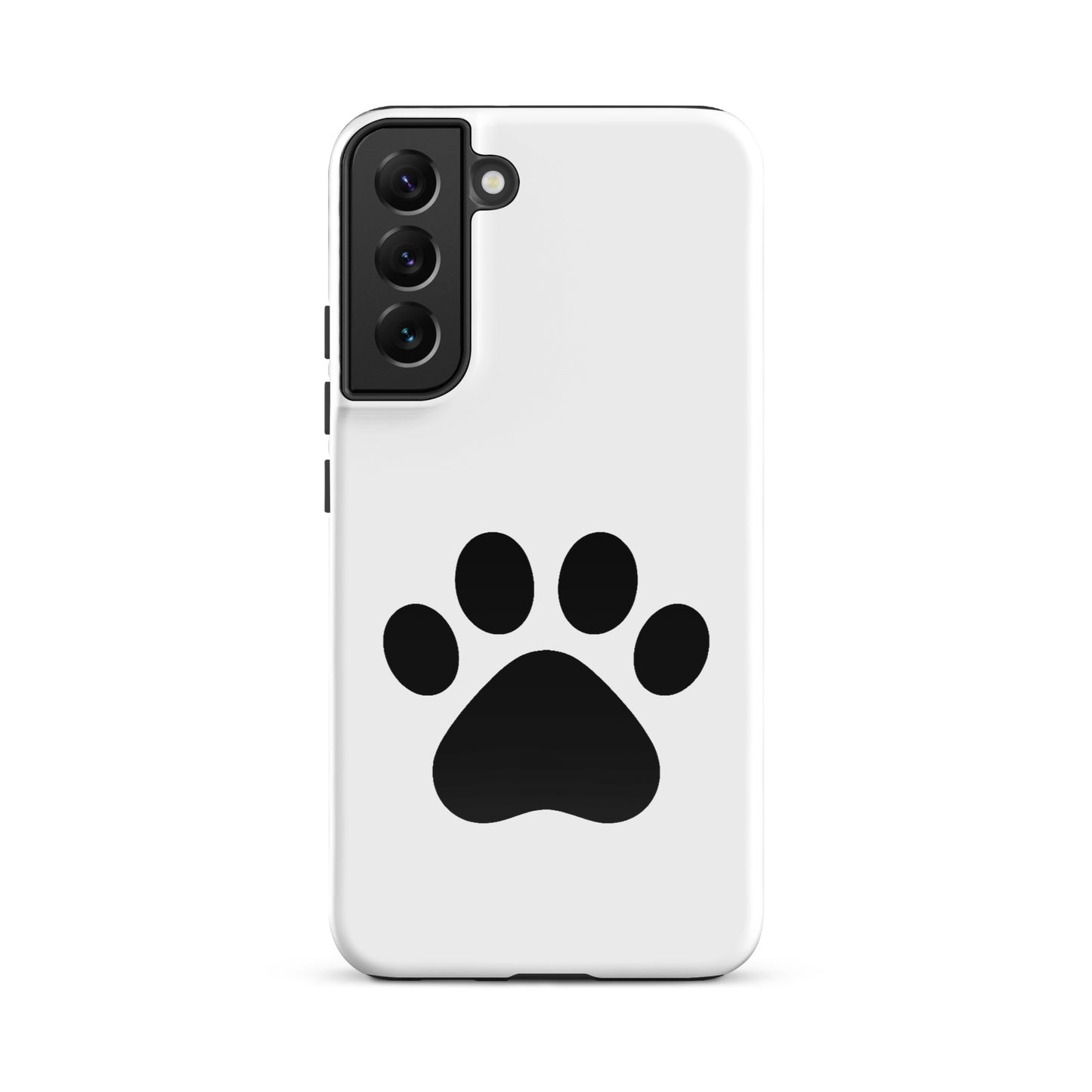 Phone Case for Samsung Galaxy with black paw print design for pet lovers, minimalist style, white case, cat dog charm.