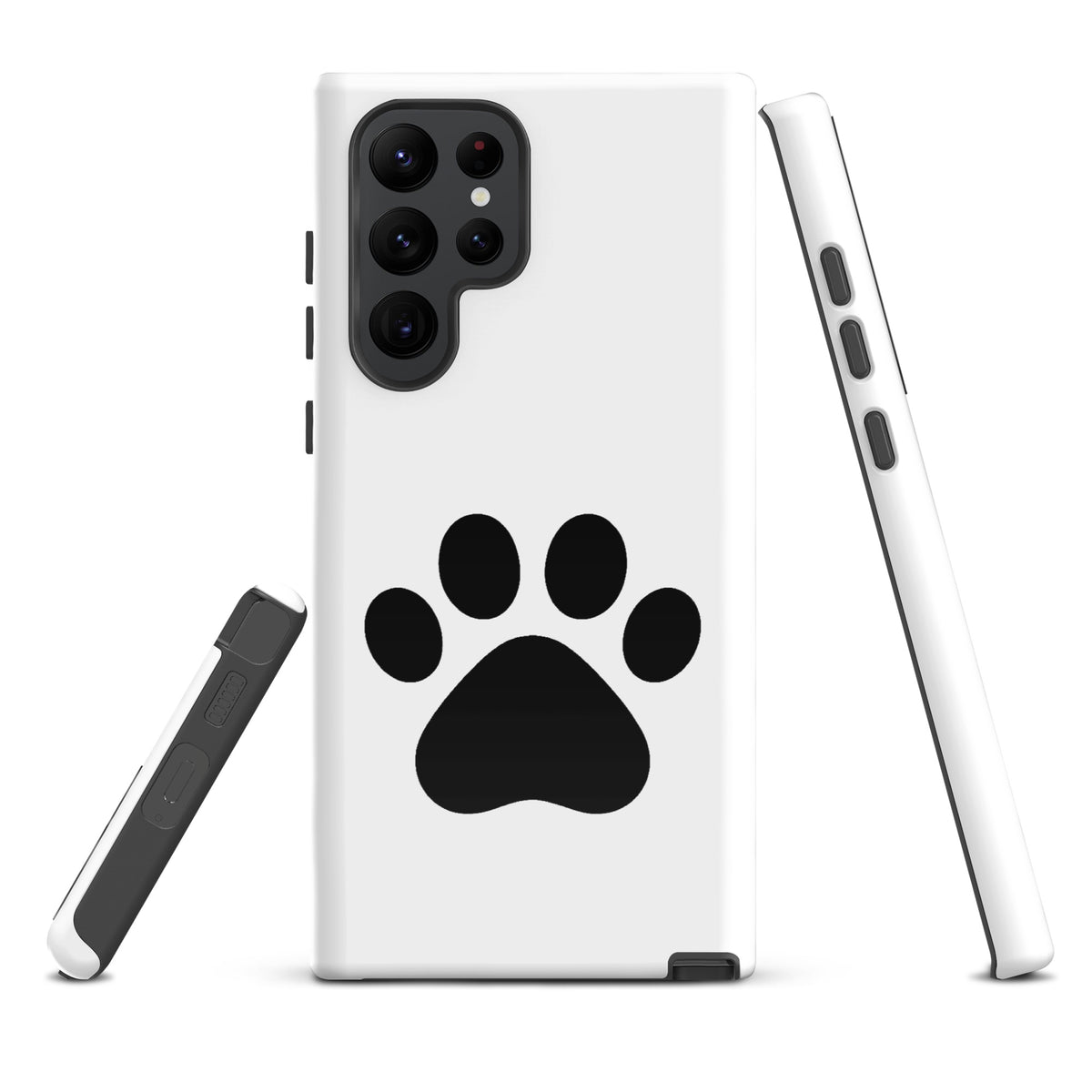 Phone Case for Samsung Galaxy with black paw print design, perfect for pet lovers, offering protection and style in white and black.