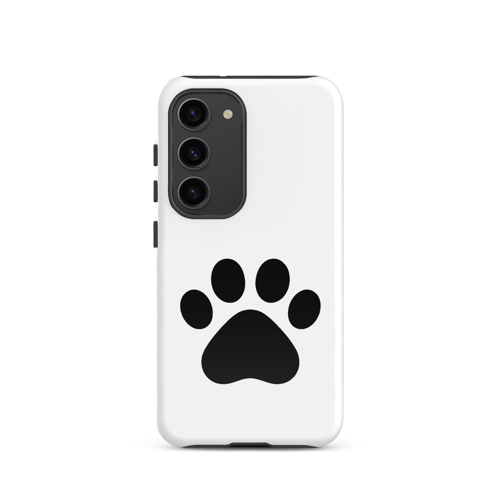 Phone Case for Samsung Galaxy with black paw print design for pet lovers, featuring a minimalist pet theme, white and black color scheme.